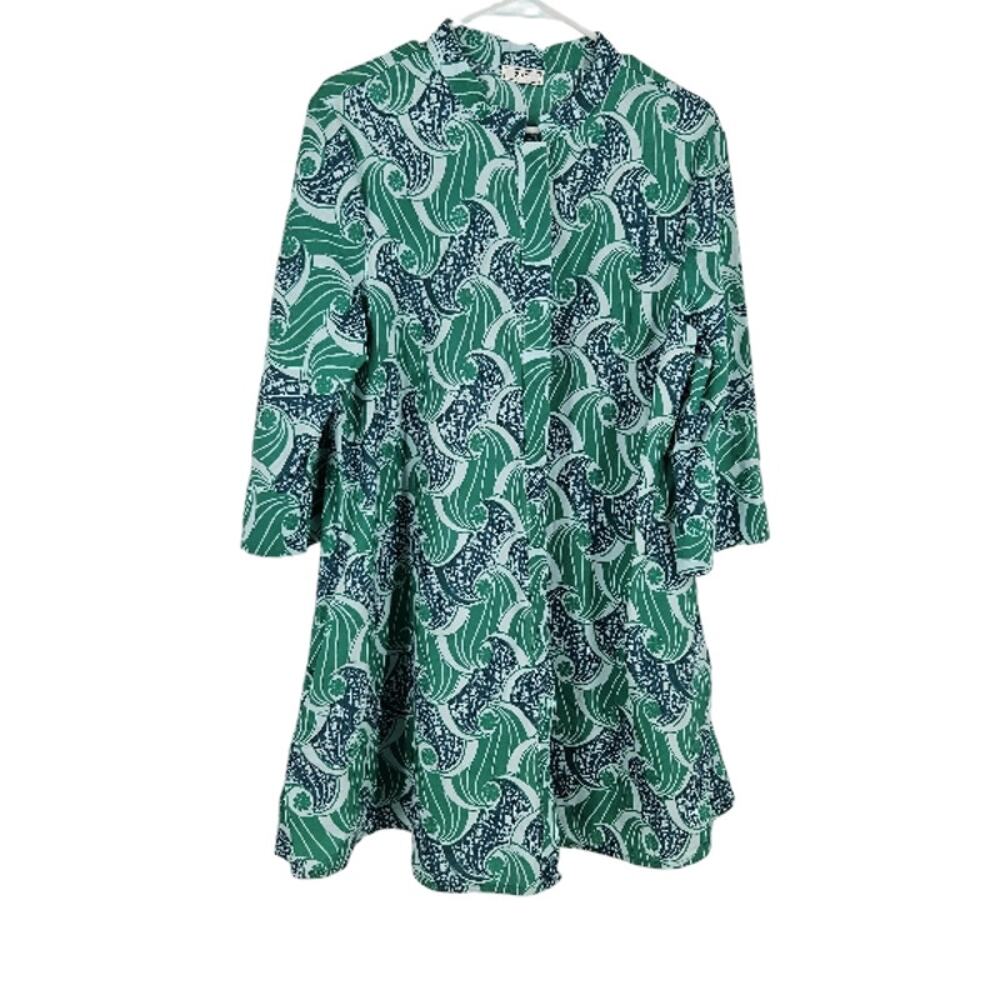 Zuri A-Line Dress Green Paisley Button Down Mock Neck 3/4 Sleeve Mini Size L